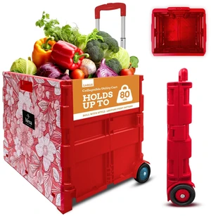 Ultra-Slim Rolling Collapsible Storage Pack-N-Roll Utility-carts, with Telescopic Handle, for Home, Garden, Shopping, Office, School use, Large, Red, White Flower Print Ultra-Slim Rolling Collapsible Storage Pack-N-Roll Utility-carts, with Telescopic Handle, for Home, Garden, Shopping, Office, School use, Large, Red, White Flower Print