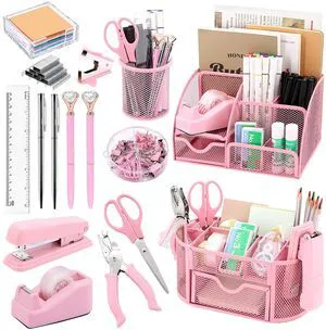 17 IN 1 Office Desk Organizer Set for Back to School Supplies Accessories 3 Office Desk Storage Organization, 4 Pens, Stapler, Staples & Remover, Tape & Dispenser, Scissors, Ruler, Clips, Hole Punch 17 IN 1 Office Desk Organizer Set for Back to School Supplies Accessories 3 Office Desk Storage Organization, 4 Pens, Stapler, Staples & Remover, Tape & Dispenser, Scissors, Ruler, Clips, Hole Punch