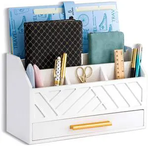 white Wood Desk Organizer and Accessories with Drawer, Bill Mail Organizer and File Mail Holder for Office Supplies, Modern Desk Accessories & Workspace Organizers for Desk Organization white Wood Desk Organizer and Accessories with Drawer, Bill Mail Organizer and File Mail Holder for Office Supplies, Modern Desk Accessories & Workspace Organizers for Desk Organization
