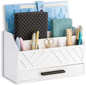 Wood Desk Organizer and Accessories with Drawer, Bill Mail Organizer and File Mail Holder for Office Supplies, Modern Desk Accessories & Workspace Organizers for Desk Organization Wood Desk Organizer and Accessories with Drawer, Bill Mail Organizer and File Mail Holder for Office Supplies, Modern Desk Accessories & Workspace Organizers for Desk Organization