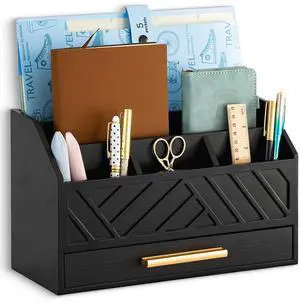 Black Wood Desk Organizer and Accessories with Drawer, Bill Mail Organizer and File Mail Holder for Office Supplies, Modern Desk Accessories & Workspace Organizers for Desk Organization Black Wood Desk Organizer and Accessories with Drawer, Bill Mail Organizer and File Mail Holder for Office Supplies, Modern Desk Accessories & Workspace Organizers for Desk Organization