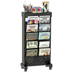 6-Tier Rolling Bookshelf Magazine Rack with Wheels Black Mobile Bookcase, Book Storage File Folder Organizer Cart for Home Study Office Living Room Classroom 6-Tier Rolling Bookshelf Magazine Rack with Wheels Black Mobile Bookcase, Book Storage File Folder Organizer Cart for Home Study Office Living Room Classroom