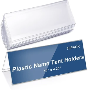 24 Pack Clear Name Tent Holders Desk Sign, 11" X 4.25", 30 Pcs Clear Plastic Name Plate Holder for Desk, PVC Names Card Holder, Table Sign Frame for Office School Business Conference 24 Pack Clear Name Tent Holders Desk Sign, 11" X 4.25", 30 Pcs Clear Plastic Name Plate Holder for Desk, PVC Names Card Holder, Table Sign Frame for Office School Business Conference