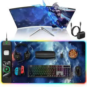 RGB Gaming Mouse Pad with Wireless Charging, Large Desk Mat, Blue Nebula 31.5 x 15.8 XXL Large Waterproof Mousepad Home Office Desk Pad, Includes 20W PD Adapter & 6.56ft Woven Cable RGB Gaming Mouse Pad with Wireless Charging, Large Desk Mat, Blue Nebula 31.5 x 15.8 XXL Large Waterproof Mousepad Home Office Desk Pad, Includes 20W PD Adapter & 6.56ft Woven Cable