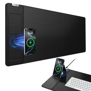 Mouse Pad with Wireless Charging & Foldable Phone Holder, 27.5"x11.8" Black Desk Protector with Stitched Edges, Non-Slip Base, Laptop Desk Mat, Waterproof Writing Pad for Office & Home Mouse Pad with Wireless Charging & Foldable Phone Holder, 27.5"x11.8" Black Desk Protector with Stitched Edges, Non-Slip Base, Laptop Desk Mat, Waterproof Writing Pad for Office & Home