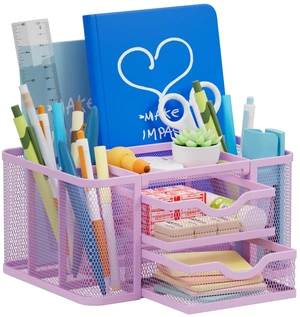 Mesh Desk Organizer, Pen Holder with 2 Drawer, Multi-Functional Pencil Holder, Desk Organizers and Accessories with 5 Compartments + Drawer for Office Art Supplies (Purple) Mesh Desk Organizer, Pen Holder with 2 Drawer, Multi-Functional Pencil Holder, Desk Organizers and Accessories with 5 Compartments + Drawer for Office Art Supplies (Purple)