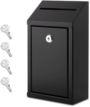 Metal Donation Box with Lock, Wall Mounted, Suggestion Box with 4 Iron Keys, Black, Cash Drop Box with Slot, 1-Pack Metal Donation Box with Lock, Wall Mounted, Suggestion Box with 4 Iron Keys, Black, Cash Drop Box with Slot, 1-Pack