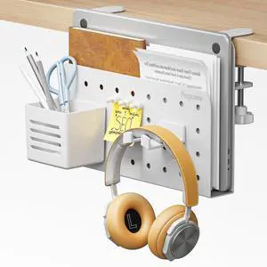 Desk Side Storage Organizer, Fits Flat Edge 0.4" to 2.2", White No Drill Under Desk Laptop Holder, Clamp on Desks Shelf with Pegboard Accessories, Hanging Laptop Mount Desk Side Storage Organizer, Fits Flat Edge 0.4" to 2.2", White No Drill Under Desk Laptop Holder, Clamp on Desks Shelf with Pegboard Accessories, Hanging Laptop Mount