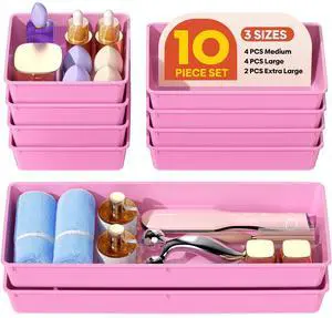 10 Pack Large Size Plastic Drawer Organizers Set, 3 Sizes Desk Drawer Organizer Trays, Storage Bins for Vanity, Makeup, Bathroom, Kitchen Utensils and Office (Pink) 10 Pack Large Size Plastic Drawer Organizers Set, 3 Sizes Desk Drawer Organizer Trays, Storage Bins for Vanity, Makeup, Bathroom, Kitchen Utensils and Office (Pink)