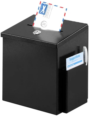Suggestion Box with Key Lock, Wall-Mounted Ballot Box, Black Metal Donation Box with 2 keys, Durable & Safe, Includes 50 Free Cards, 8.7" x 5.9" x 7.1", Ideal for Votes and Fundraising Suggestion Box with Key Lock, Wall-Mounted Ballot Box, Black Metal Donation Box with 2 keys, Durable & Safe, Includes 50 Free Cards, 8.7" x 5.9" x 7.1", Ideal for Votes and Fundraising