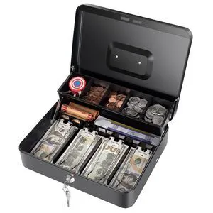 Cash Box with Money Tray and Key Lock, Saving Lock Box with Money Tray Storage for Cash Register 11.8"x9.45"x3.54" Black XL Large Cash Box with Money Tray and Key Lock, Saving Lock Box with Money Tray Storage for Cash Register 11.8"x9.45"x3.54" Black XL Large
