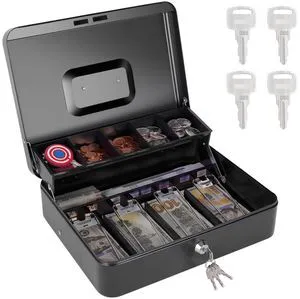 Cash Box with Money Tray and Key Lock, Large Metal Safe Money Box for Cash Register, Locking Money Saving Organizer Lock Box for Money Storage with 4 Keys 11.8"x9.45"x3.54" Black XL Large Cash Box with Money Tray and Key Lock, Large Metal Safe Money Box for Cash Register, Locking Money Saving Organizer Lock Box for Money Storage with 4 Keys 11.8"x9.45"x3.54" Black XL Large