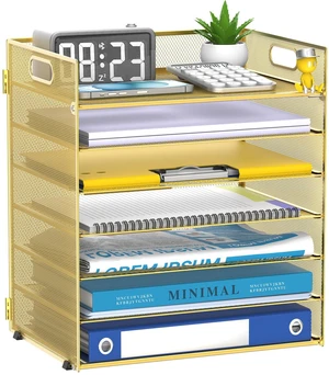 7 Tier Paper Organizer for Desk with Mesh Letter Trays and Handle Gold Desk File Organizer with Handle for Sorting Papers, Files, Folders, Mail, Bills and Office Supplies 7 Tier Paper Organizer for Desk with Mesh Letter Trays and Handle Gold Desk File Organizer with Handle for Sorting Papers, Files, Folders, Mail, Bills and Office Supplies