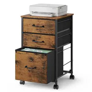 3-Drawer Mobile File Cabinet, Rolling Printer Stand, Rustic Brown Fabric vertical filing cabinet with 3 drawers, wood desktop, steel frame, fits A4/Letter, Under Desk Storage for home office 3-Drawer Mobile File Cabinet, Rolling Printer Stand, Rustic Brown Fabric vertical filing cabinet with 3 drawers, wood desktop, steel frame, fits A4/Letter, Under Desk Storage for home office