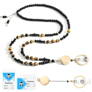 Natural Stone Beaded Lanyards for ID Badges and Keys,Tiger Eye Teacher lanyard for women, 0.8mm double-strand 6-braided cord, 10+ in retractable reel, for nurses, work, travel and cruises Natural Stone Beaded Lanyards for ID Badges and Keys,Tiger Eye Teacher lanyard for women, 0.8mm double-strand 6-braided cord, 10+ in retractable reel, for nurses, work, travel and cruises