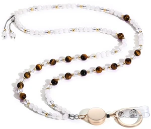 Natural Stone Beaded Lanyards for ID Badges and Keys, Tiger Eye Teacher lanyard for women, 0.8mm double-strand 6-braided cord, 10+ in retractable reel, for nurses, work, travel and cruises Natural Stone Beaded Lanyards for ID Badges and Keys, Tiger Eye Teacher lanyard for women, 0.8mm double-strand 6-braided cord, 10+ in retractable reel, for nurses, work, travel and cruises