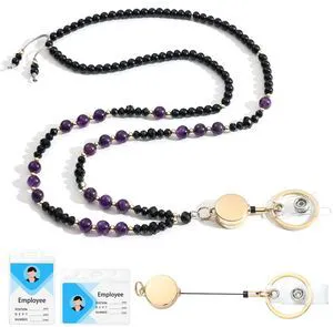 Natural Stone Beaded Lanyards for ID Badges and Keys,Black Amethyst Teacher lanyard for women, 0.8mm double-strand 6-braided cord, 10+ in retractable reel, for nurses, work, travel and cruises Natural Stone Beaded Lanyards for ID Badges and Keys,Black Amethyst Teacher lanyard for women, 0.8mm double-strand 6-braided cord, 10+ in retractable reel, for nurses, work, travel and cruises