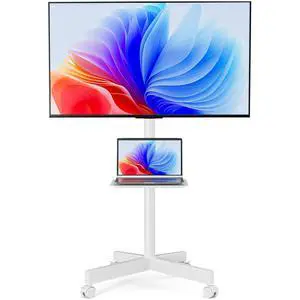 Mobile TV Stand for 23-65 Inch LCD LED Flat/Curved Panel Screen TVs Height Adjustable Rolling TV Stand with Tilt Mount and Shelf, Portable Stand Holds up to 110 lbs, Max VESA 400x400mm, White Mobile TV Stand for 23-65 Inch LCD LED Flat/Curved Panel Screen TVs Height Adjustable Rolling TV Stand with Tilt Mount and Shelf, Portable Stand Holds up to 110 lbs, Max VESA 400x400mm, White