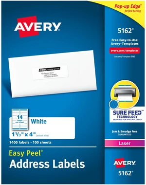 ® Easy Peel Printable Address Labels with Sure Feed®, 1-1/3" x 4", White, 1,400 Blank Mailing Labels for Laser Printers (5162) ® Easy Peel Printable Address Labels with Sure Feed®, 1-1/3" x 4", White, 1,400 Blank Mailing Labels for Laser Printers (5162)