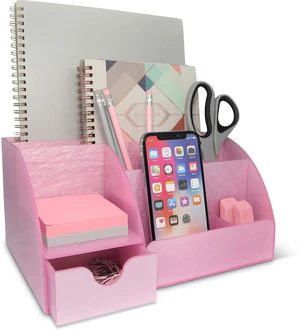 Pink Desk Organizer Office, Acrylic, with Drawer, 9 Compartments, Supplies and Cool Desk Accessories Organizer, Desktop Pen Holder (Pink) Pink Desk Organizer Office, Acrylic, with Drawer, 9 Compartments, Supplies and Cool Desk Accessories Organizer, Desktop Pen Holder (Pink)