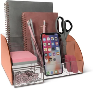 Rose Gold Desk Organizer, Acrylic, 9 Compartments, Office Supplies Desk Accessories Organizer with Drawer, Pen Holder, Office Decor Desktop Organization (Rose Gold) Rose Gold Desk Organizer, Acrylic, 9 Compartments, Office Supplies Desk Accessories Organizer with Drawer, Pen Holder, Office Decor Desktop Organization (Rose Gold)