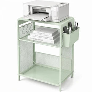 Small 3 Tier Printer Stand for Under Desk, Height Adjustable Shelf Printer Table with 3 S-Hooks & Basket, Heavy Duty Industrial Storage Shelf for Home Office (Sage Green) Small 3 Tier Printer Stand for Under Desk, Height Adjustable Shelf Printer Table with 3 S-Hooks & Basket, Heavy Duty Industrial Storage Shelf for Home Office (Sage Green)