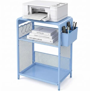 Small 3 Tier Printer Stand for Under Desk, Height Adjustable Shelf Printer Table with 3 S-Hooks & Basket, Heavy Duty Industrial Storage Shelf for Home Office (Blue) Small 3 Tier Printer Stand for Under Desk, Height Adjustable Shelf Printer Table with 3 S-Hooks & Basket, Heavy Duty Industrial Storage Shelf for Home Office (Blue)