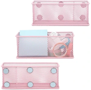 Magnetic Pencil Holder Set of 3 - Wire Mesh Storage Baskets Organizer with Strong Magnets - Perfect for Whiteboard, Refrigerator and Locker Accessories, Pink Magnetic Pencil Holder Set of 3 - Wire Mesh Storage Baskets Organizer with Strong Magnets - Perfect for Whiteboard, Refrigerator and Locker Accessories, Pink
