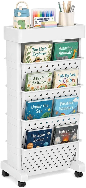 5-Tier Rolling Bookshelf Cart with Wheels, White Slim Mobile Book Cart, Plastic Magazine Rack Rolling File Paper Organizer for Home Office Study Classroom Living Room 5-Tier Rolling Bookshelf Cart with Wheels, White Slim Mobile Book Cart, Plastic Magazine Rack Rolling File Paper Organizer for Home Office Study Classroom Living Room