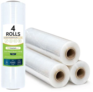 PSBM Cast Hand Plastic Stretch Wrap/Shrink Film 18" x 1000Ft 120 GA 4 Rolls Heavy Duty up to 800% Ultimate Stretch Clear Plastic Wrap Industrial Strength Shrink Film for Moving, Packing & Shipping PSBM Cast Hand Plastic Stretch Wrap/Shrink Film 18" x 1000Ft 120 GA 4 Rolls Heavy Duty up to 800% Ultimate Stretch Clear Plastic Wrap Industrial Strength Shrink Film for Moving, Packing & Shipping