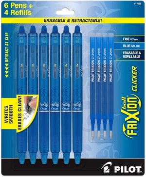FriXion Clicker Erasable Pens, 0.7mm Fine Point, Blue Ink Refillable & Retractable Gel Ink Pens Ideal for School, Journaling, & Office Writing, Pack of 6 Blue Ink Pens with 4 Refills FriXion Clicker Erasable Pens, 0.7mm Fine Point, Blue Ink Refillable & Retractable Gel Ink Pens Ideal for School, Journaling, & Office Writing, Pack of 6 Blue Ink Pens with 4 Refills