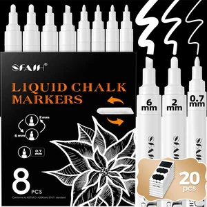 White Liquid Chalk Markers for Blackboard Glass 8 Pack, 20 Pcs Labels Wet Erase No Residue, (4x) 2mm/4mm Reversible & (4x) 0.7mm Fine Tip, Ultra Flow - Menu, Bistro, Signs, Windows, Food Labels White Liquid Chalk Markers for Blackboard Glass 8 Pack, 20 Pcs Labels Wet Erase No Residue, (4x) 2mm/4mm Reversible & (4x) 0.7mm Fine Tip, Ultra Flow - Menu, Bistro, Signs, Windows, Food Labels