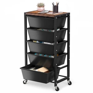 Rolling Cart with 5 Drawers, Plastic Drawer Storage Carts with Wheels & Wooden Tabletop, Metal Utility Cart for Office Bedroom Living Room Classroom, Craft Organization and Storage, Black Rolling Cart with 5 Drawers, Plastic Drawer Storage Carts with Wheels & Wooden Tabletop, Metal Utility Cart for Office Bedroom Living Room Classroom, Craft Organization and Storage, Black