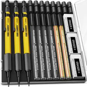 3PCS 1.3mm Metal Mechanical Pencil Set with Case (Yellow) 72 Refills (Red,Black,Yellow), 3 Erasers, 16 Eraser Refills, Weatherproof Body for Construction Outdoor Woodworking Marking 3PCS 1.3mm Metal Mechanical Pencil Set with Case (Yellow) 72 Refills (Red,Black,Yellow), 3 Erasers, 16 Eraser Refills, Weatherproof Body for Construction Outdoor Woodworking Marking
