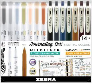 MILDLINER Highlighter & SARASA Clip Set, Neutral Vintage, 14-Pack Includes 7 SARASA Clip Vintage Gel Pens and 7 MILDLINER Neutral Highlighters, Ideal for Journaling and Note-Taking (10114) MILDLINER Highlighter & SARASA Clip Set, Neutral Vintage, 14-Pack Includes 7 SARASA Clip Vintage Gel Pens and 7 MILDLINER Neutral Highlighters, Ideal for Journaling and Note-Taking (10114)