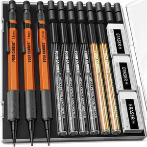 3PCS 1.3mm Metal Mechanical Pencil Set with Case (Orange) 72 Refills (Red,Black,Yellow), 3 Erasers, 16 Eraser Refills, Weatherproof Body for Construction Outdoor Woodworking Marking 3PCS 1.3mm Metal Mechanical Pencil Set with Case (Orange) 72 Refills (Red,Black,Yellow), 3 Erasers, 16 Eraser Refills, Weatherproof Body for Construction Outdoor Woodworking Marking