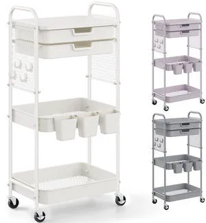 3 Tier Rolling Cart with 2 Drawers, Metal Utility Storage Carts with Wheels Kitchen Rolling Cart 4.5" Deep Basket, Mesh Side Panel with 3 Cups, 4 Hooks for Office, Bedside, Craft Storage Cart 3 Tier Rolling Cart with 2 Drawers, Metal Utility Storage Carts with Wheels Kitchen Rolling Cart 4.5" Deep Basket, Mesh Side Panel with 3 Cups, 4 Hooks for Office, Bedside, Craft Storage Cart