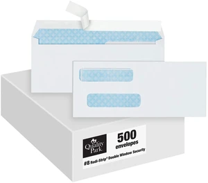 #8 Double Window Envelopes, Self Seal Security Envelopes for QuickBooks Checks, 3 5/8" x 8 11/16", 24 lb White, 500 per Box (QUA50766) #8 Double Window Envelopes, Self Seal Security Envelopes for QuickBooks Checks, 3 5/8" x 8 11/16", 24 lb White, 500 per Box (QUA50766)