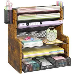 6-Tier Mesh Desk Organizer with Drawer, Wooden Office Organizer for Papers, Folders & Office Supplies - Sturdy Desktop File Holder with 2 Pen Holders - Space Saving Home Office Accessories 6-Tier Mesh Desk Organizer with Drawer, Wooden Office Organizer for Papers, Folders & Office Supplies - Sturdy Desktop File Holder with 2 Pen Holders - Space Saving Home Office Accessories