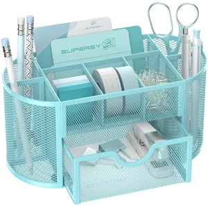Mesh Desk Organizer with Drawer, 9-Compartment Pen Holder for Desk, Blue Pull-Out Drawer Stores Pens, Pencils, Clips, Notes, and Small Office or School Supplies in One Compact Desk Caddy Mesh Desk Organizer with Drawer, 9-Compartment Pen Holder for Desk, Blue Pull-Out Drawer Stores Pens, Pencils, Clips, Notes, and Small Office or School Supplies in One Compact Desk Caddy