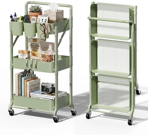 Foldable 3 Tier Rolling Cart, Metal Utility Cart with Wheels Collapsible Rolling Storage Cart with 3 Hanging Cups, Folding Storage Trolley Organizer Cart for Home Office Kitchen(Green) Foldable 3 Tier Rolling Cart, Metal Utility Cart with Wheels Collapsible Rolling Storage Cart with 3 Hanging Cups, Folding Storage Trolley Organizer Cart for Home Office Kitchen(Green)