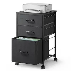 Mobile File Cabinet, Rolling Printer Stand with 3 Drawers, Fabric Vertical Filing Cabinet fits A4 or Letter Size for Home Office, Black Mobile File Cabinet, Rolling Printer Stand with 3 Drawers, Fabric Vertical Filing Cabinet fits A4 or Letter Size for Home Office, Black