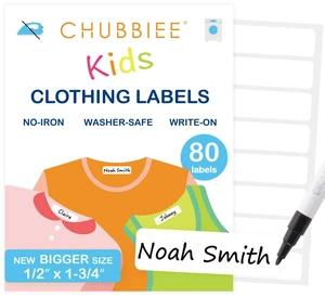 All Purpose No-Iron Kids Clothing Labels, 80-Pack Self-Stick Write-On Fabric Labels for Camp, School, Daycare, Nursing Care, Toys, Organizing, Washer & Dryer Safe All Purpose No-Iron Kids Clothing Labels, 80-Pack Self-Stick Write-On Fabric Labels for Camp, School, Daycare, Nursing Care, Toys, Organizing, Washer & Dryer Safe