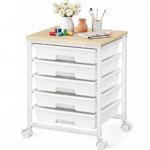 Rolling Cart with 5 Drawers, Craft Storage Cart, Class White Smooth Drawer Tracks, Easy-Grip Handles, 2 Lockable Wheels, Sturdy Metal Frame, Thick Wood Tabletop, Hold 11 lbs per Drawer Rolling Cart with 5 Drawers, Craft Storage Cart, Class White Smooth Drawer Tracks, Easy-Grip Handles, 2 Lockable Wheels, Sturdy Metal Frame, Thick Wood Tabletop, Hold 11 lbs per Drawer