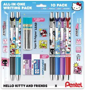 Writing Essentials 10 Pack, Hello Kitty® and Friends, Limited Edition, 4 EnerGel 0.7mm gel pens, 2 EnerGize 0.7mm pencils, 2 bock erasers, and 2 refill leads Writing Essentials 10 Pack, Hello Kitty® and Friends, Limited Edition, 4 EnerGel 0.7mm gel pens, 2 EnerGize 0.7mm pencils, 2 bock erasers, and 2 refill leads