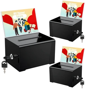 3 Pack 6.2" x 4.7" x 4" Black Acrylic Donation Box with Lock Slot Plastic storage container equipped with sign holder, great for fundraising, voting, charity and tip collection 3 Pack 6.2" x 4.7" x 4" Black Acrylic Donation Box with Lock Slot Plastic storage container equipped with sign holder, great for fundraising, voting, charity and tip collection