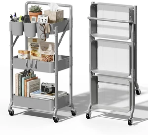 Foldable 3 Tier Rolling Cart, Metal Utility Cart with Wheels Collapsible Rolling Storage Cart with 3 Hanging Cups, Folding Storage Trolley Organizer Cart for Home Office Kitchen(Grey) Foldable 3 Tier Rolling Cart, Metal Utility Cart with Wheels Collapsible Rolling Storage Cart with 3 Hanging Cups, Folding Storage Trolley Organizer Cart for Home Office Kitchen(Grey)