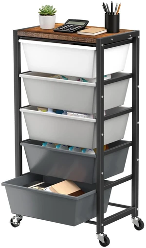 Rolling Cart with 5 Drawers, Plastic Drawer Storage Carts with Wheels & Wooden Tabletop, Metal Utility Cart for Office Bedroom Living Room Classroom, Craft Organization and Storage, Grey Rolling Cart with 5 Drawers, Plastic Drawer Storage Carts with Wheels & Wooden Tabletop, Metal Utility Cart for Office Bedroom Living Room Classroom, Craft Organization and Storage, Grey