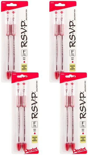 RSVP Ballpoint Pen, Fine Line, (0.7mm), Red Ink (BK90BP2B), 2 Count (Pack of 4) RSVP Ballpoint Pen, Fine Line, (0.7mm), Red Ink (BK90BP2B), 2 Count (Pack of 4)