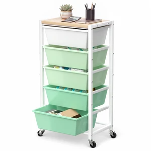 Rolling Cart with 5 Drawers, Plastic Drawer Storage Carts with Wheels & Wooden Tabletop, Metal Utility Cart for Office Bedroom Living Room Classroom, Craft Organization and Storage, Green Rolling Cart with 5 Drawers, Plastic Drawer Storage Carts with Wheels & Wooden Tabletop, Metal Utility Cart for Office Bedroom Living Room Classroom, Craft Organization and Storage, Green